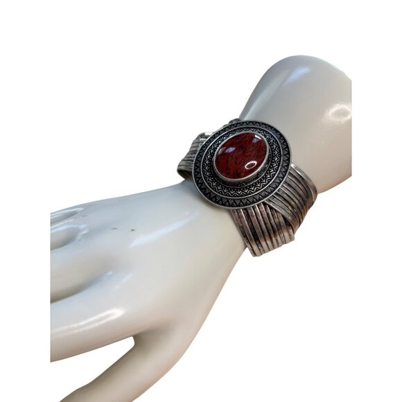 Vintage Silver-Tone Wide Cuff Bracelet With Oval Red Stone Accent & Etched Desig - Picture 1 of 16